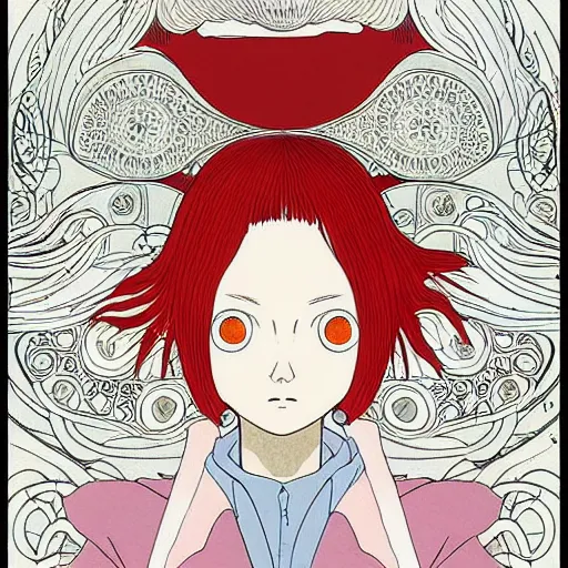 Image similar to prompt: Fragile looking flat colors portrait face drawn by Katsuhiro Otomo and Suehiro Maruo, inspired by Paprika anime, magical and alchemical objects on the side, soft light, monochrome background, intricate detail, intricate ink painting detail, sharp high detail, manga and anime 2000