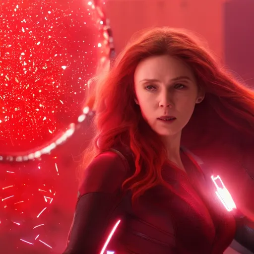 Image similar to movie still of scarlet witch creating a magical barrier made of red energy around herself, photorealistic art style, futurism aesthetic, artstation, cgsociety contest winner