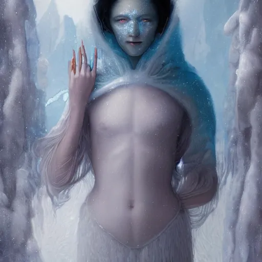 Image similar to a hyperrealistic illustration of a human in the Arctic, white long clothes, snow on the body, blue transparent ice with fractal sunlight, award-winning, masterpiece, in the style of Tom Bagshaw, Cedric Peyravernay, Peter Mohrbacher