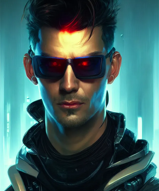 Image similar to Hacker cyberpunk man portrait, highly detailed, digital painting, artstation, concept art, smooth, sharp focus, illustration, art by artgerm and greg rutkowski and alphonse mucha