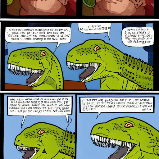 Prompt: four - panel comic about dinosaurs