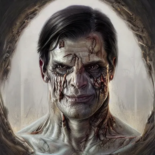 Image similar to ultra realistic illustration, jair bolsonaro as a rotting zombie, emotionless, fantasy, intricate, horror, highly detailed, digital painting, artstation, concept art, sharp focus, illustration, art by artgerm and greg rutkowski and alphonse mucha