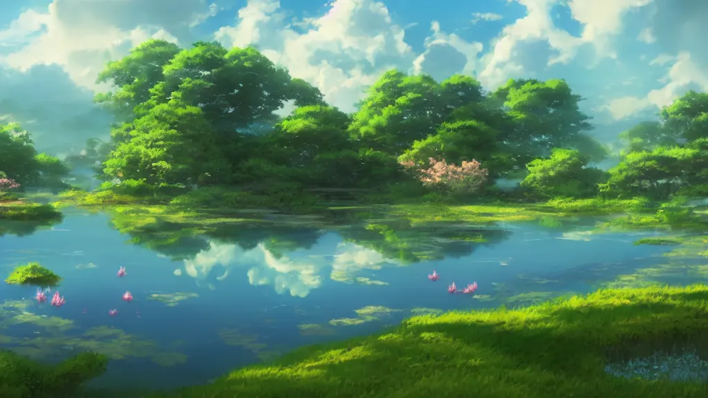 Image similar to a ultradetailed beautiful matte painting of a peaceful pond with a clear water and a magical wind blowing gently, anime landscape, high resolution 4 k, by makoto shinkai, charli bowater and artgeem