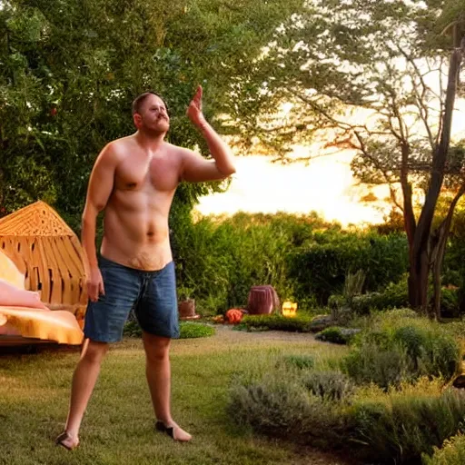 Image similar to My giga Chad dad just took a hit from the bongo and have good time being gracefully relaxed in the garden, sunset lighting