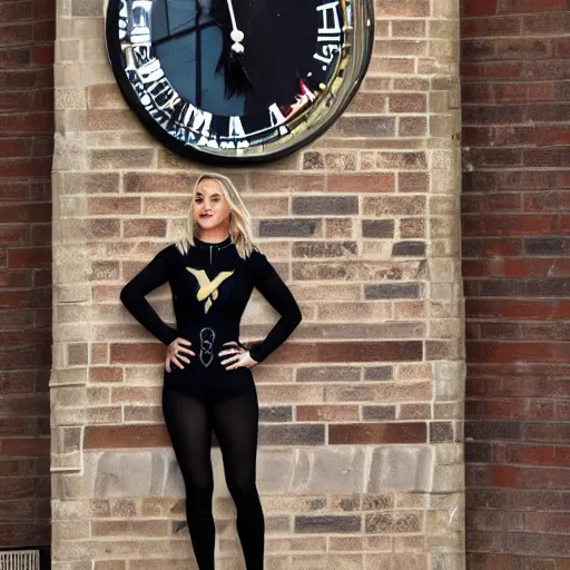 Image similar to A detailed photo of Kaley Cuoco under the Eastgate clock in Chester. Behind her we see a black panther