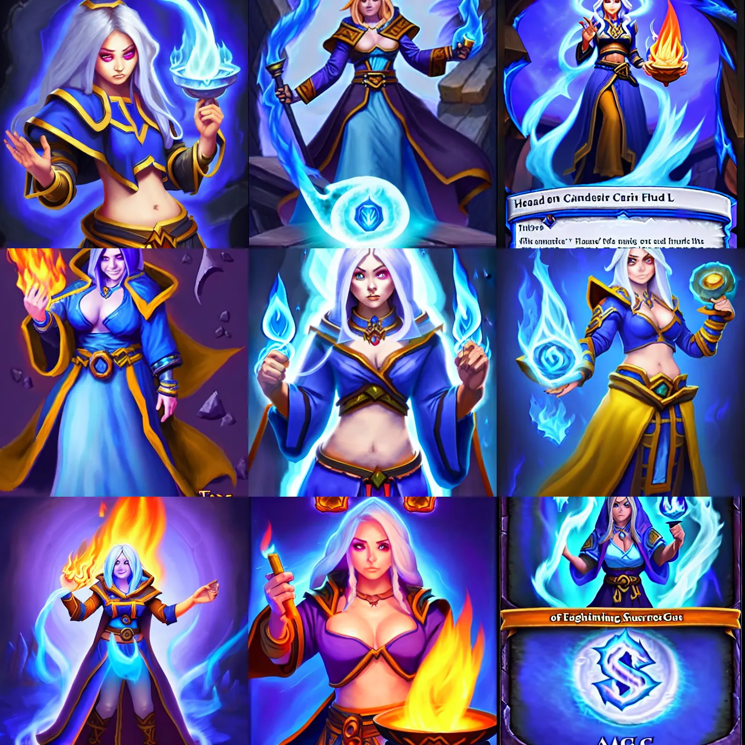 Prompt: a female mage with a blue robe and casting a fire spell, Hearthstone official splash art, tinyest midriff ever, largest haunches ever, fullest body, small head, largest chest, SFW, SFW, perfect master piece, award winning