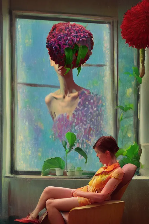 Image similar to closeup, huge flower head, woman sitting on lounge chair by a tall window, surreal photography, studio light, impressionist painting, digital painting, artstation, simon stalenhag
