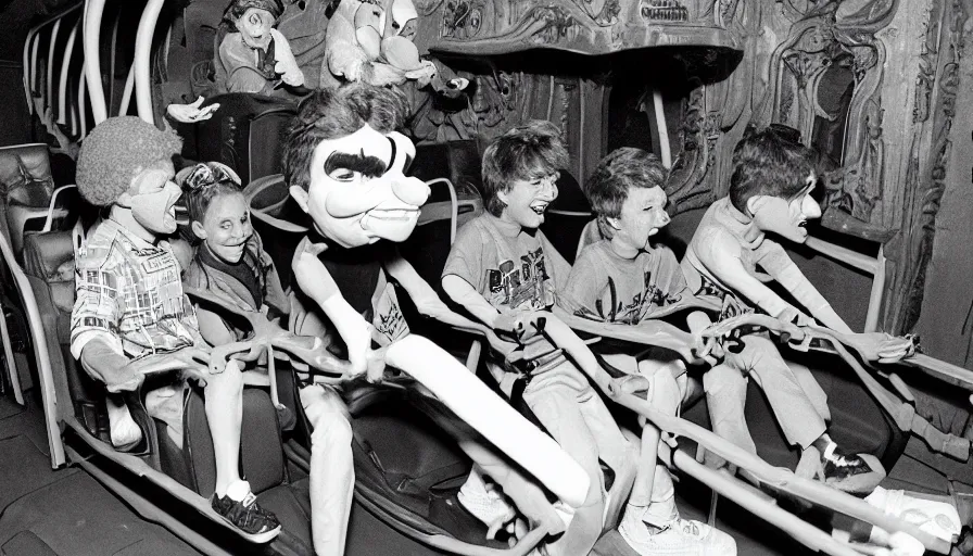 Image similar to 1990s photo of inside the Goosebumps Ride at Universal Studios in Orlando, Florida, children riding through a Haunted ventriloquist theater, slime, cinematic, UHD