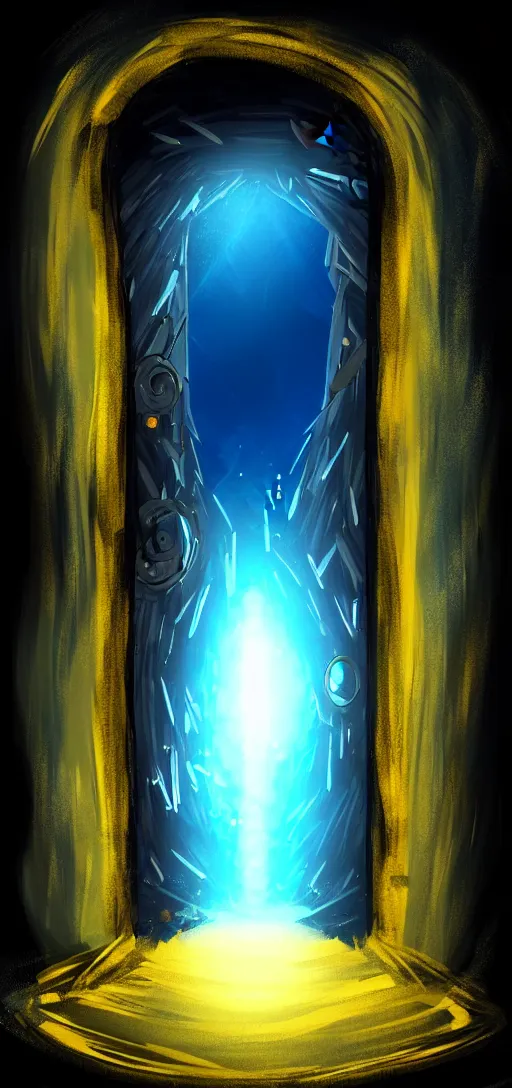 Image similar to The portal into his imagination. High concept art. Introspective. Blue black gold themed.