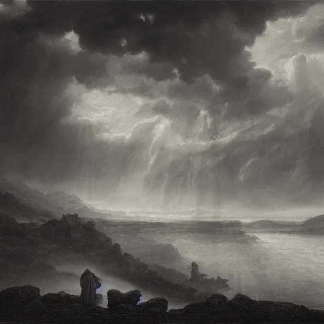 Prompt: an engraving of jesus in a river by gustave dore, caspar david friedrich, foggy, depth, strong shadows, stormclouds, illuminated focal point, highly detailed