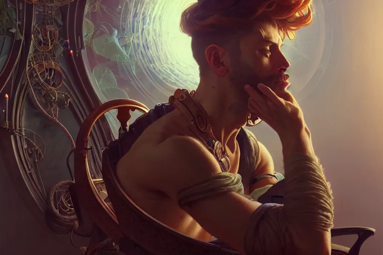 Prompt: ultra realistic, beautiful male plugged into the internet, sitting in chair, vr, sci - fi, intricate details, eerie, highly detailed, octane render, 8 k, art by artgerm and alphonse mucha and greg rutkowski