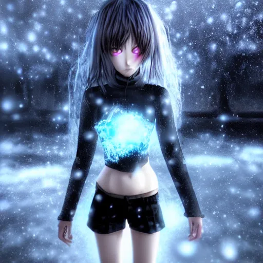 Prompt: photorealistic full body shot of masterpiece angry darkness anime girl, beautifull manga lovely eyes, electric aura with particles, snowing frozen ice, darkness background, inspired by tim burton, detailed, unreal engine 4 k, volumetric light, fog