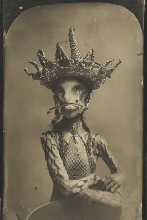 Prompt: a wet plate photo of an anthropomorphic snake wearing a tiny jester crown
