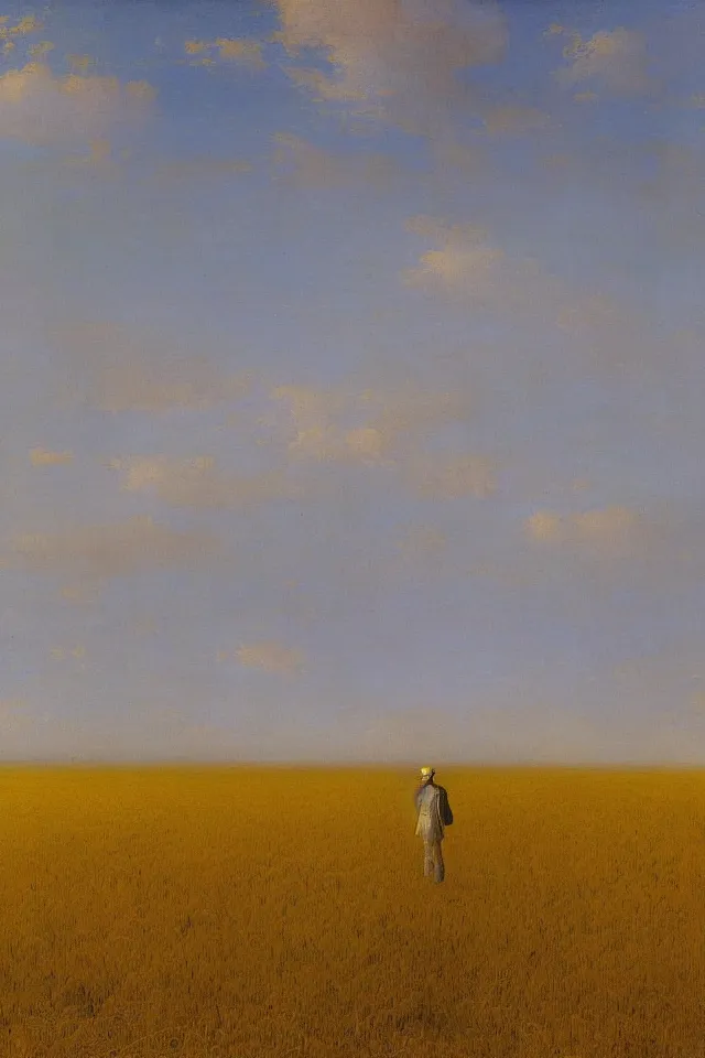 Prompt: painting of the back view of a humanoid robot, standing in the vast yellow wheat fields, looking at many distant gargantuan tall buildings by Ivan Aivazovsky