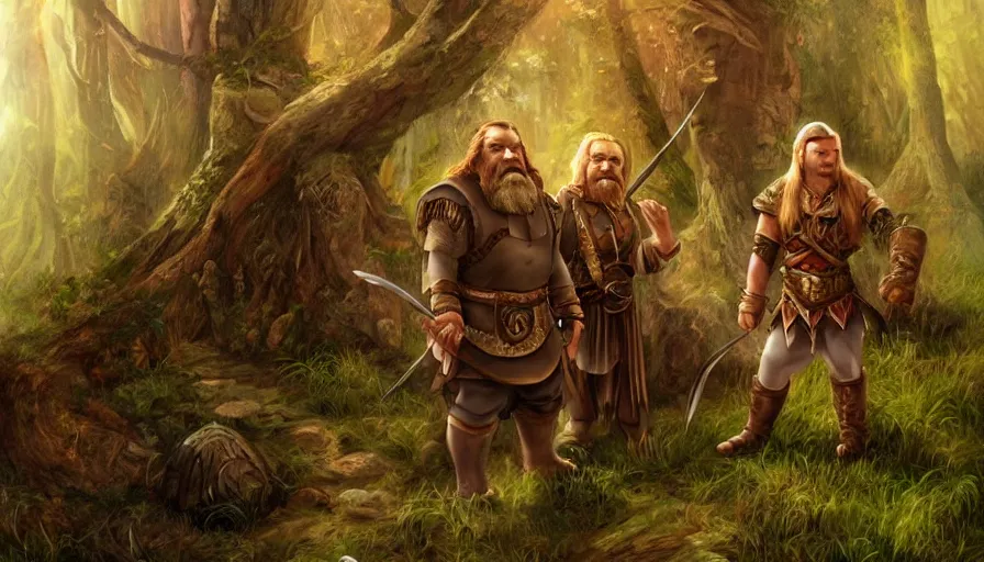 Image similar to the dwarf gimli and the elf legolas in lothlorien, realm of galadriel, artwork, artstation, beautiful setting