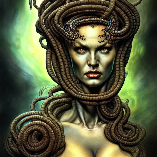 Prompt: portrait, attractive mutant gorgon, digital tempera and pastels, dramatic lighting, extremely high detail, pen and ink, intricate illustration, by stephen bradbury, frank frazetta, wendy froud, john picacio, artstation, wlop, pixiv