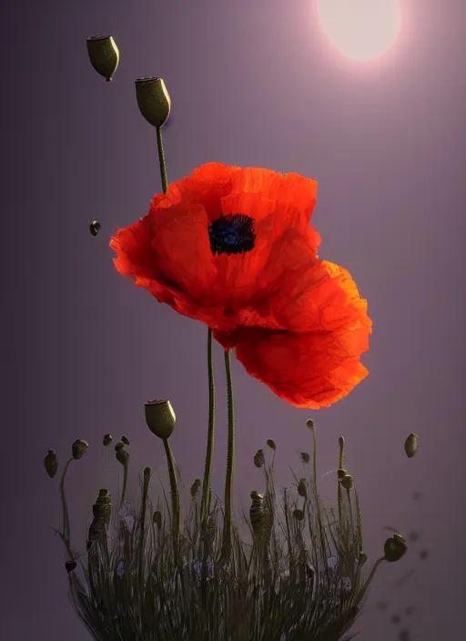 Prompt: a grenade exploding out poppies, ultra realist and ultra intricate detailed, sensual gloomy style, volumetric lighting, artstation, unreal render, depth of field