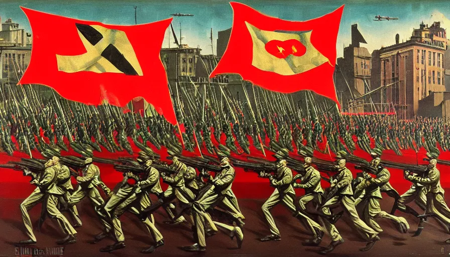 Prompt: army parade glorious march, futuristic alternate timeline, anarcho - communist hordes, red and black flags, modernist factories in background, art by max ernst, cnt spanish civil war era propaganda, extremely detailed, 4 k