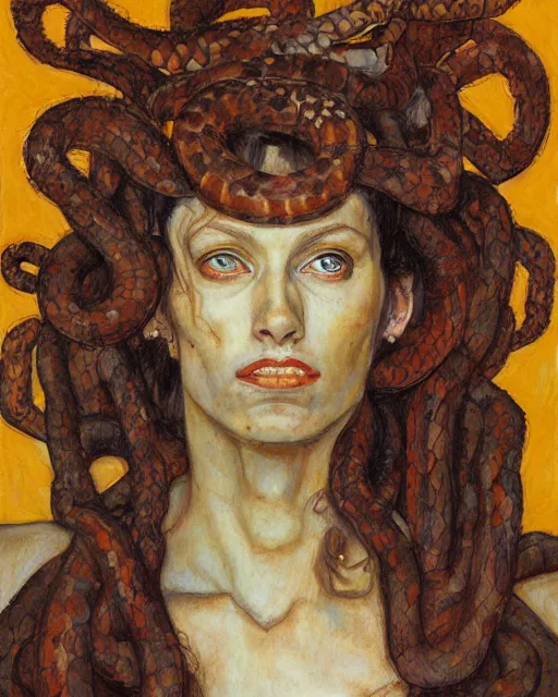 Image similar to portrait of medusa with many pythons by greg rutkowski in the style of egon schiele