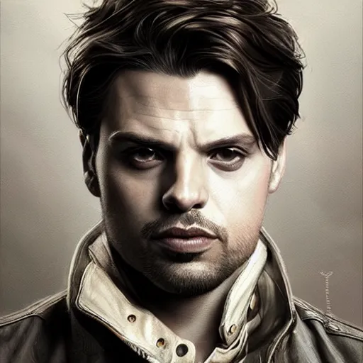 Image similar to portrait of Sebastian Stan, wide angle, intricate, wild, highly detailed, digital painting, artstation, concept art, smooth, sharp focus, illustration, art by artgerm and greg rutkowski and alphonse mucha - W 768