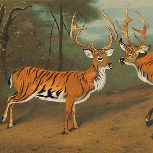 Prompt: a painting of deer and tiger facing each other, their heads bowed towards ground by koson ohara