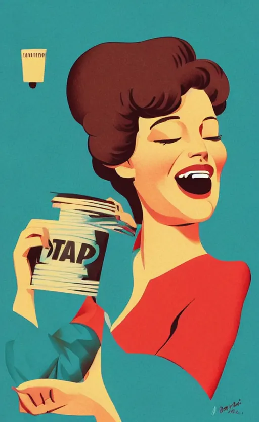 Image similar to illustration with a woman laughing out loud with open mouth, standup, comedy, joke, an art deco painting by tom whalen, trending on behance, art deco, digital illustration, storybook illustration, grainy texture, flat shading, vector art, airbrush, pastel, watercolor, poster