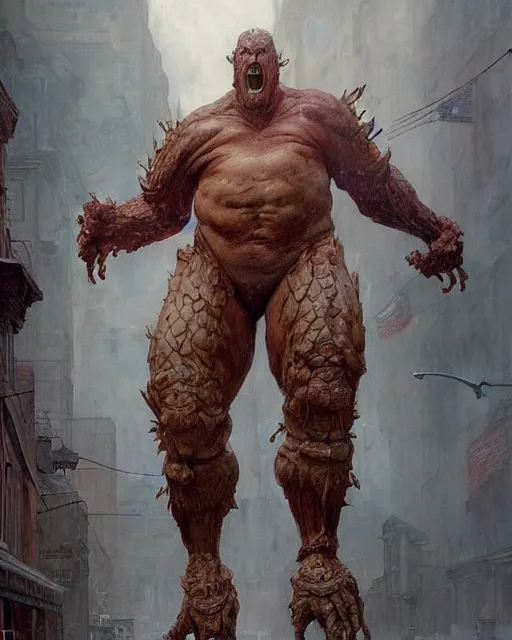 Image similar to full body portrait of martyn ford as huge towering bipedal horror beast with bulbous froglike torso fiery hair wearing armour walks down city street, people flee, painted by ruan jia, raymond swanland, lawrence alma tadema, zdzislaw beksinski, norman rockwell, jack kirby, tom lovell, alex malveda, greg staples