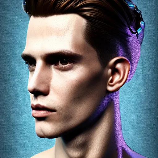 Prompt: portrait of an absurdly handsome, clean shaven, sophisticated, fashionable male cyberpunk mechanoid, hyperdetailed illustration, irakli nadar, matt wisniewski style, intricate linework, male fashion photography, porcelain skin, jellyfish headband, unreal engine 5 highly rendered, artstation, radiant light, detailed and intricate environment