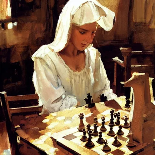 Prompt: portrait of woman wearing medieval clothes playing chess, detailed by greg manchess, craig mullins, bernie fuchs, walter everett