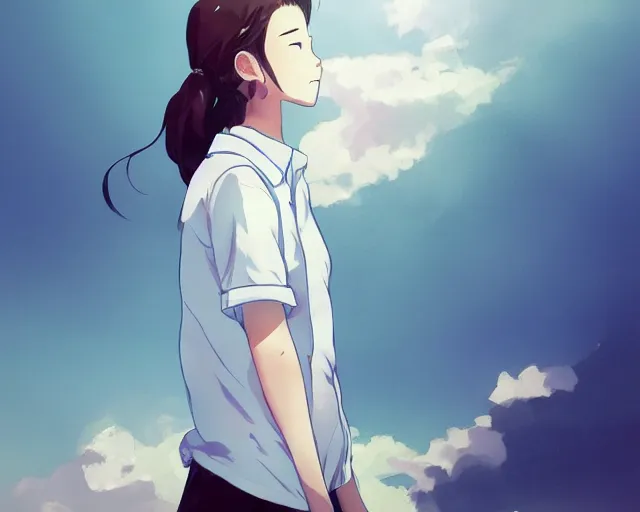 Image similar to teen looking at blue sky, wearing white shirt, back turned, looking up, illustration, by pine ( ハイネ ) and 薯 子 imoko and 香 川 悠 作 and wlop and maya takamura, highly detailed, trending artstation, pixiv, digital art