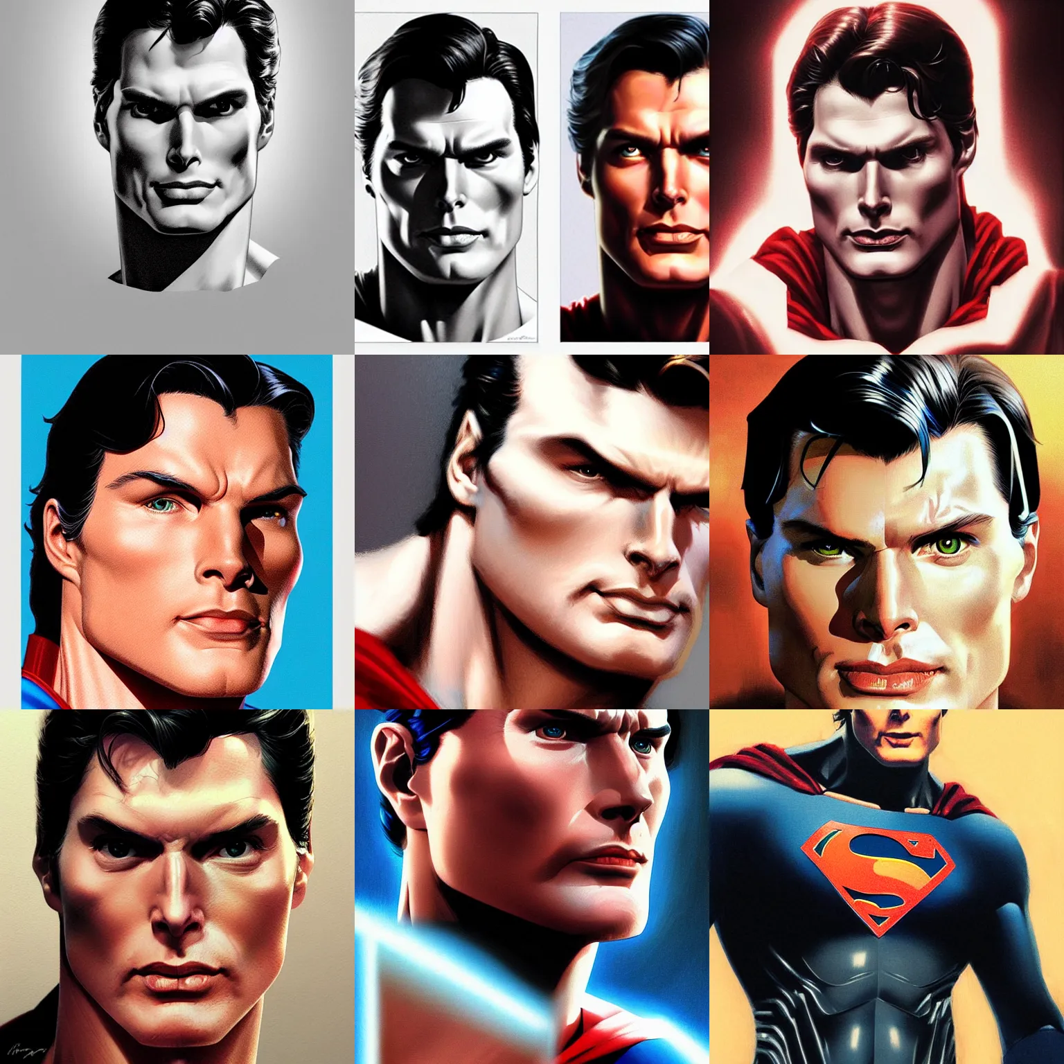 Prompt: Christopher reeve!!! terminator t-800 damaged face, superman costume, realistic shaded perfect face, fine details. not anime. Realistic shaded lighting poster by Ilya Kuvshinov katsuhiro, magali villeneuve, artgerm, Jeremy Lipkin and Michael Garmash, Rob Rey and Kentarõ Miura style, trending on art station