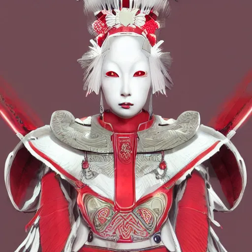 Image similar to albino maiko in a ornated armor preparing for war, full body, dynamic pose, red and white neon, concept art, intricate details, highly professionally detailed, cgsociety, highly detailed -