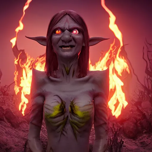 Image similar to a frightening, enraged elf with violet skin reflecting a fiery scene, a scarred face, a bob haircut, and bushy eyebrows, grinning, with hell aflame behind them, in the style of gary frank and rafael albuqurque, rendered in unreal engine