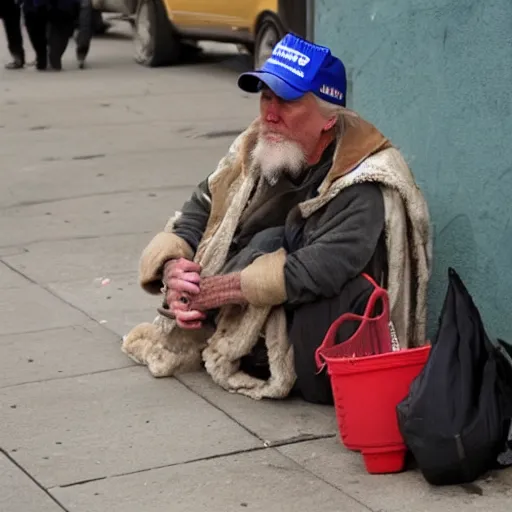 Image similar to donald trump dressed as a homeless man living in the slums