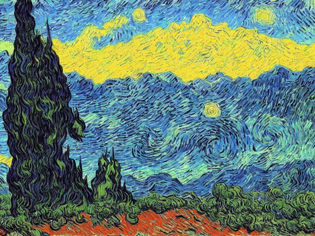 Image similar to bright beautiful oil painting of a valley with giant black monoliths and a dancing primitive ape at sunset, light scatter, van gogh