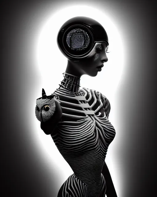 Image similar to surreal mythical dreamy dark artistic black and white fine art 3 / 4 fashion portrait photo of a young beautiful delicate female robot with orchid - owl face, rim light, cinematic, studio dramatic light, poetic, masterpiece, octane render, 8 k, photo - realistic by hg giger and man ray