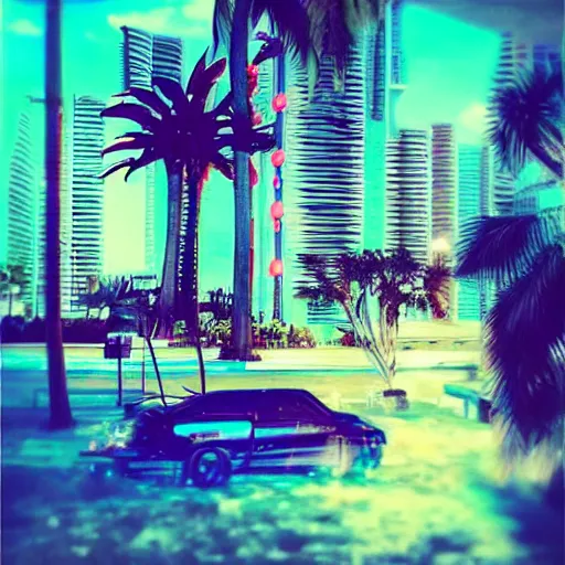 Image similar to “cyberpunk Miami beach, anime style”