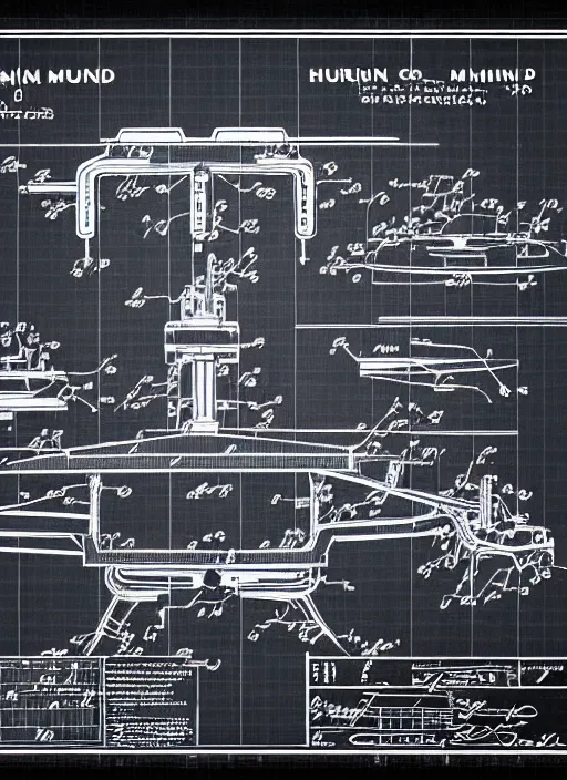 Image similar to mech to human mind uplink schematic by thomas hubert. in the style of a 1 9 8 3 patent design diagram