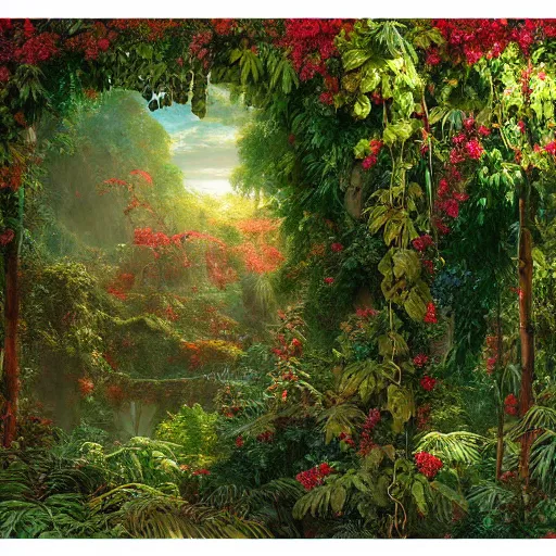 Image similar to vivid jungle scene, floral, leaves, vines, flowers, intricate details, volumetric lighting, hd render, vivid colors, panorama, Artwork by Frederic Edwin church + Franklin Booth