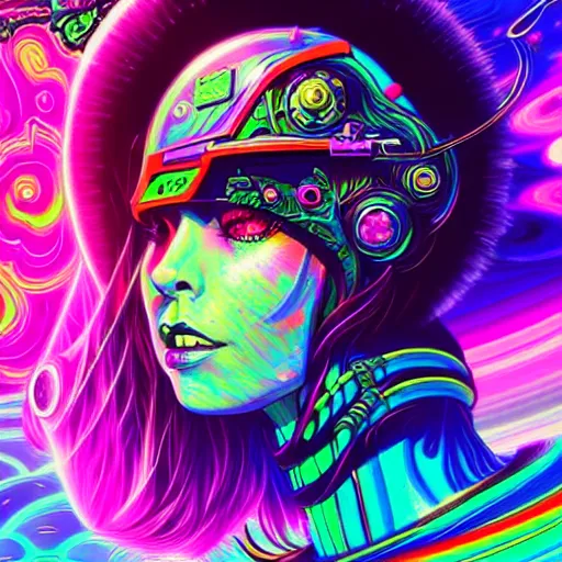Image similar to A space pirate girl having an extremely colorful psychedelic experience in outerspace, warping time and space, magic mushrooms, psilocybin, LSD, face, space helmet, futuristic, detailed, intricate, elegant, highly detailed, digital painting, artstation, concept art, smooth, sharp focus, illustration, art by Krenz Cushart and Artem Demura and Alphonse Mucha