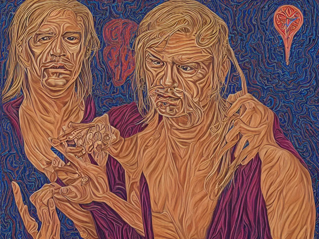 Prompt: portrait of a blonde man in slavic squat. painting by alex grey