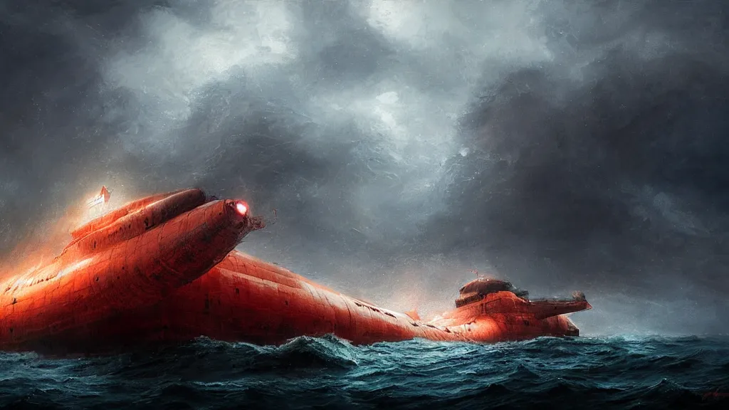 Prompt: soviet submarine destroyed by giant squid, stormy ocean, intricate, detailed, volumetric lighting, sharp focus, scenery, digital painting, highly detailed, concept art, ruan jia, steve mccurry