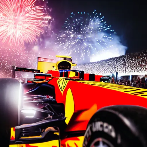 Image similar to close up portrait of max verstappen getting out of a mercedes f 1 car, dramatic shot, great photography, ambient light, night time, fireworks in the background