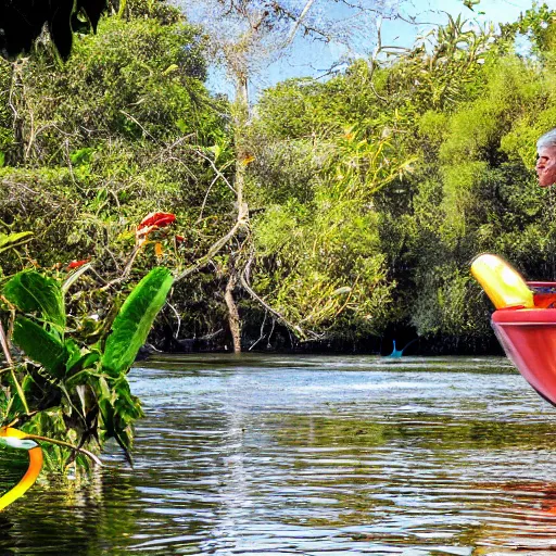 Prompt: the river of life in paradise with a ferrari in the middle and old man fishing fishing