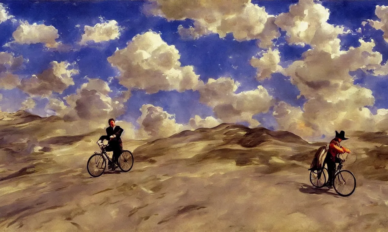 Prompt: Guy riding a bike in the sky, happy clouds joyful vibrant high resolution painterly in the art style John Singer Sargent