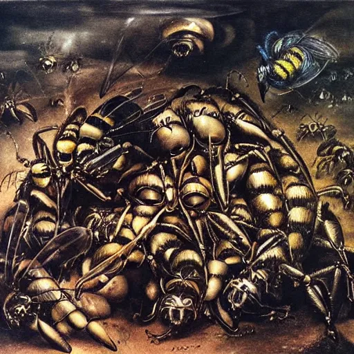 Image similar to bumblebees attacking sleeping people in hell, art by bosch, dali, giger, highly detailed, masterpiece