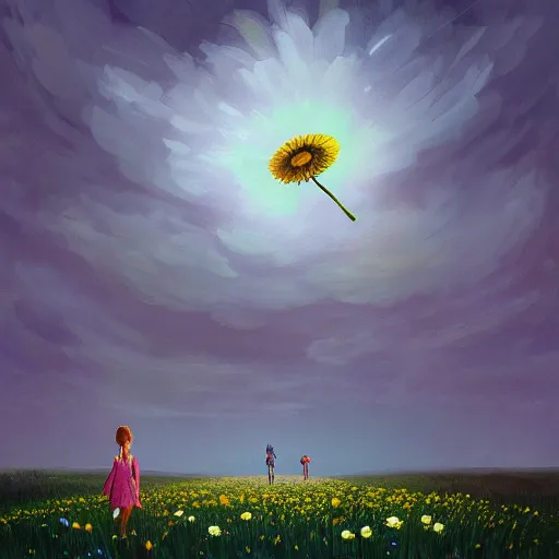 Image similar to giant daisy flower as a head, girl walking in flower field, surreal photography, night moon light, dramatic, impressionist painting, clouds, digital painting, artstation, simon stalenhag