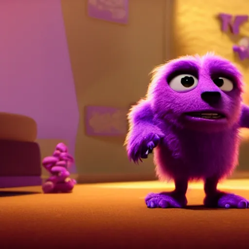 Image similar to a purple fluffy monster, adorable and cute, pixar, octane render, 4k, monster in middle of picture