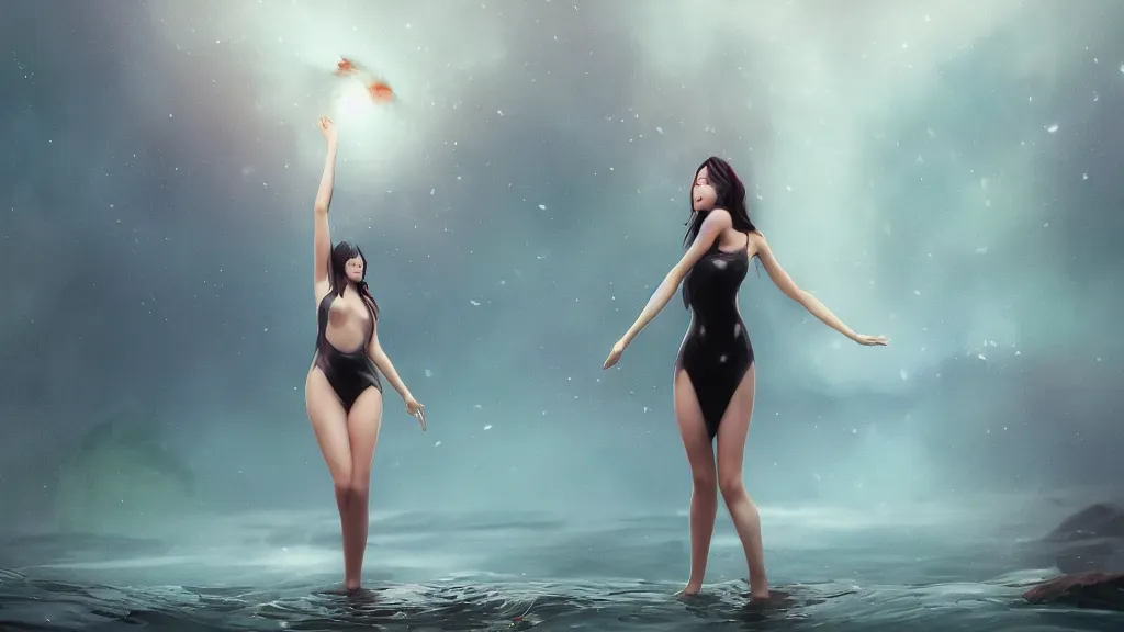 Image similar to whimsical, beautiful seductive women, with professional makeup, standing in a lake, raising an arm, under a binary black hole with a ring, by Ross Tran, by Greg Rutkowski, by artgerm, by beeple, face enhance, volumetric lighting, 4k resolution, octane render, trending on artstation