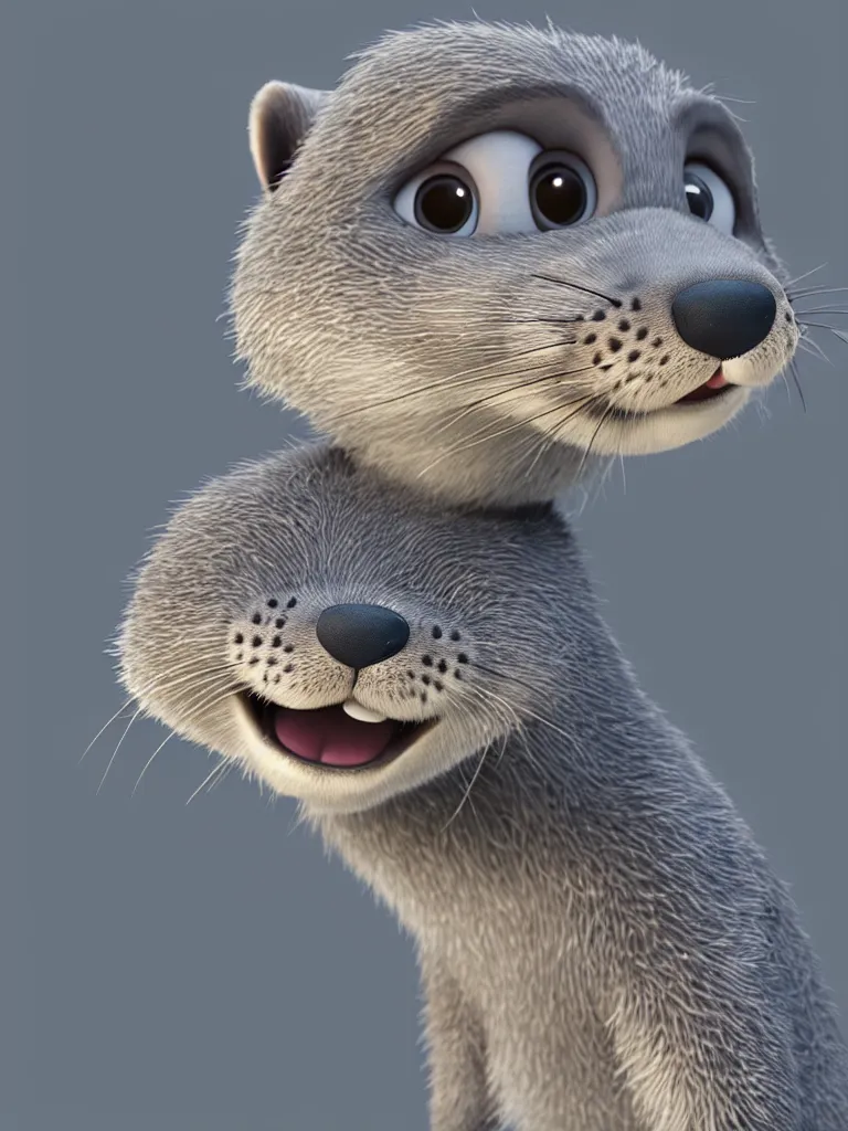 Image similar to portrait of a very cute gray otter in the style of zootopia. volumetric lighting, subsurface scattering, hyperrealistic, render, hyperdetailed